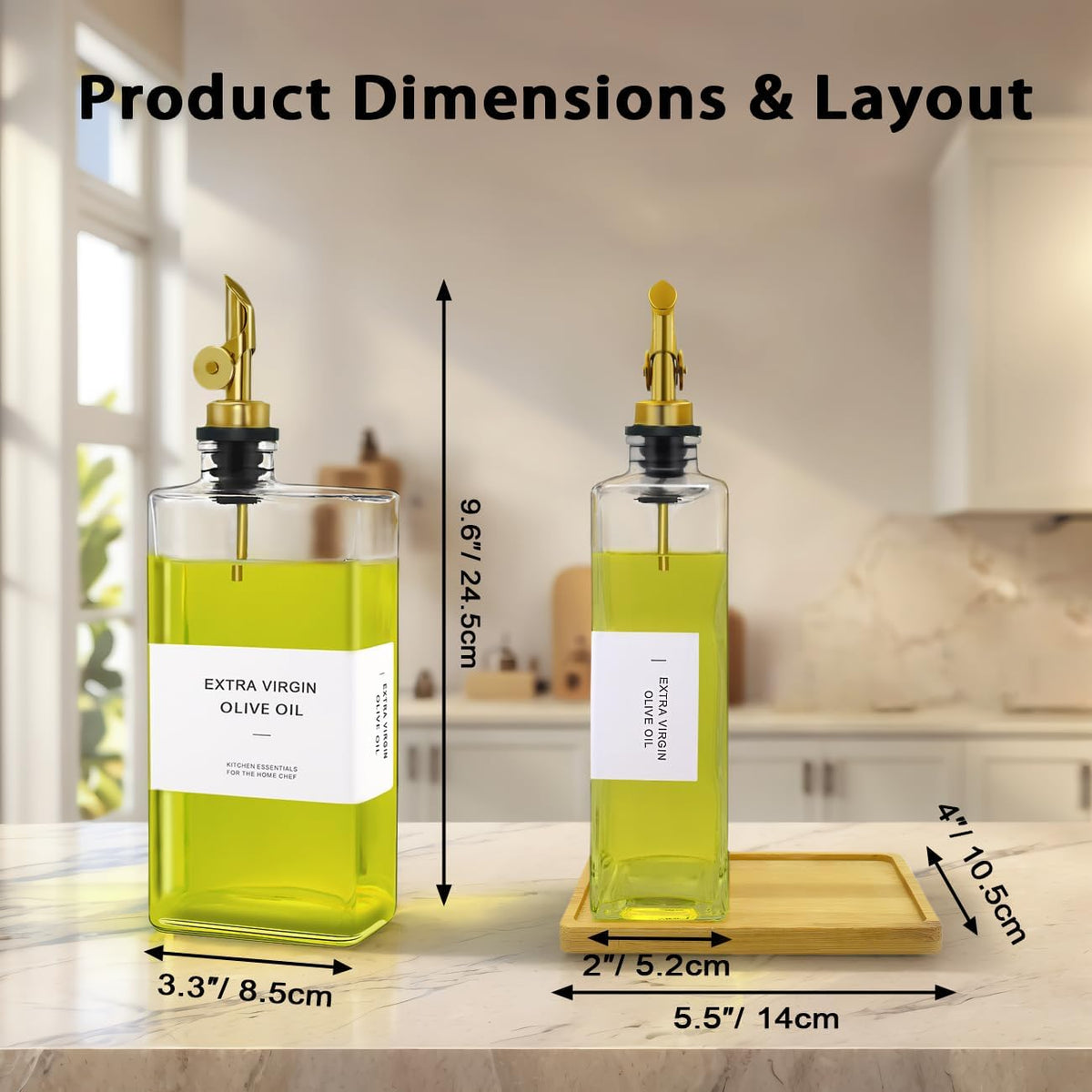 Olive Oil Dispenser Bottle for Kitchen with Bamboo Tray- 16.9oz Glass Oil and Vinegar Dispenser Set, Soy Sauce & Syrup Bottle, Modern Hostess Gift (Green, Set of 2)