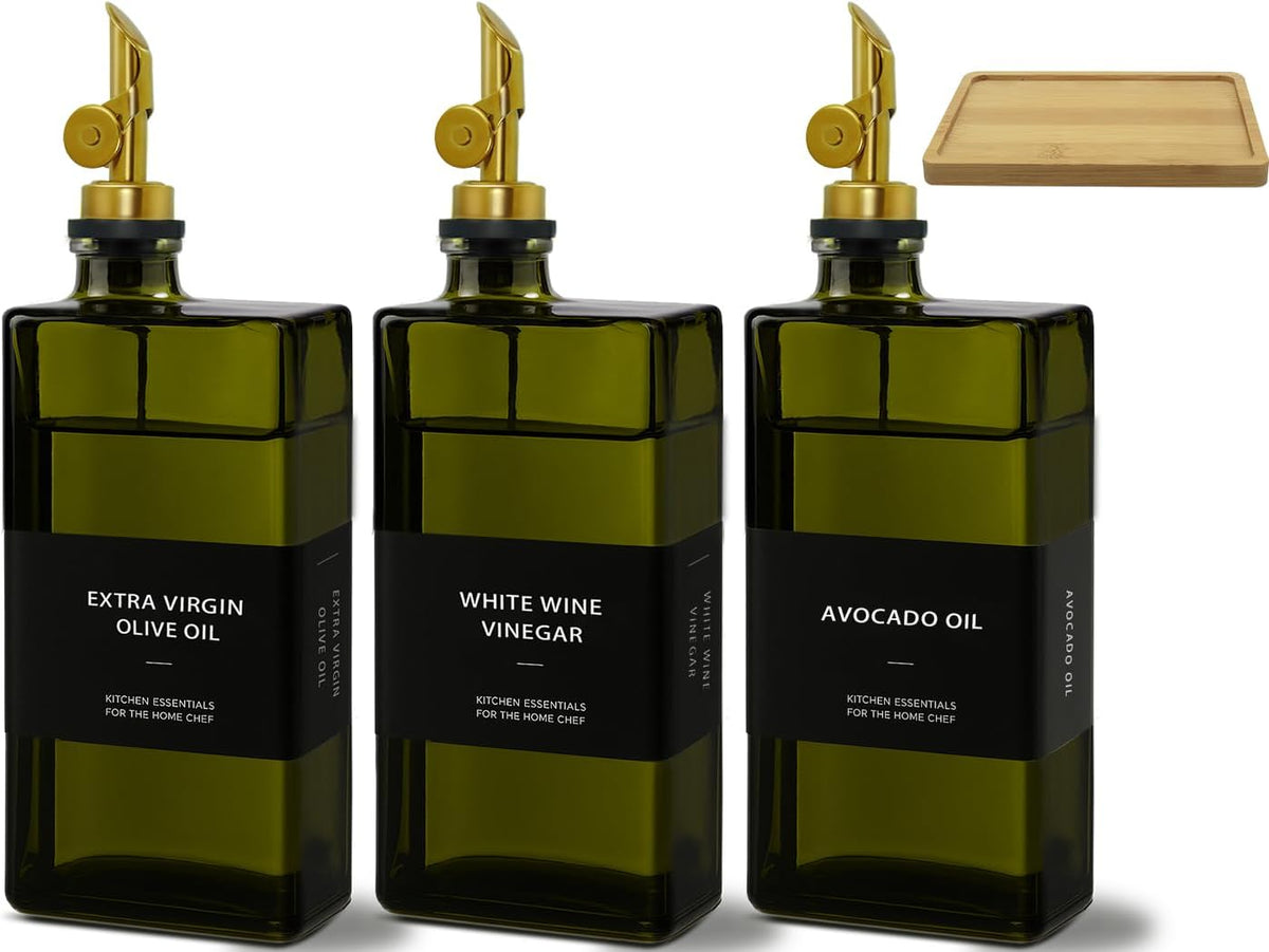 Olive Oil Dispenser Bottle for Kitchen with Bamboo Tray- 16.9oz Glass Oil and Vinegar Dispenser Set, Soy Sauce & Syrup Bottle, Modern Hostess Gift (Green, Set of 2)