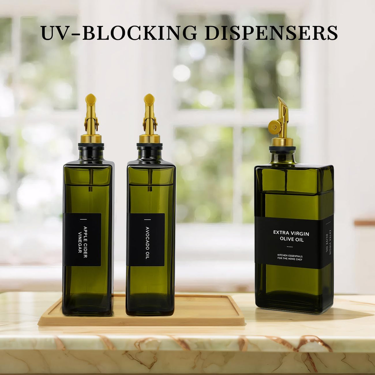 Olive Oil Dispenser Bottle for Kitchen with Bamboo Tray- 16.9oz Glass Oil and Vinegar Dispenser Set, Soy Sauce & Syrup Bottle, Modern Hostess Gift (Green, Set of 2)