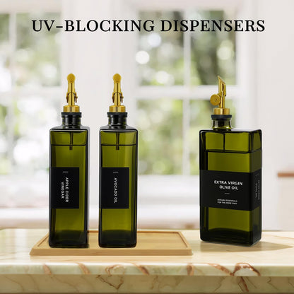 Olive Oil Dispenser Bottle for Kitchen with Bamboo Tray- 16.9oz Glass Oil and Vinegar Dispenser Set, Soy Sauce & Syrup Bottle, Modern Hostess Gift (Green, Set of 2)