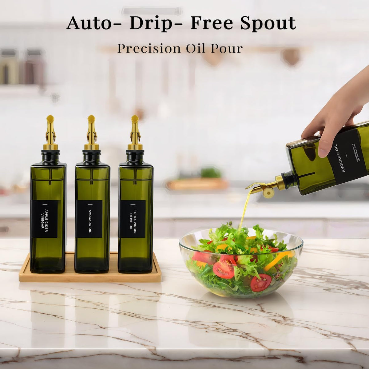 Olive Oil Dispenser Bottle for Kitchen with Bamboo Tray- 16.9oz Glass Oil and Vinegar Dispenser Set, Soy Sauce & Syrup Bottle, Modern Hostess Gift (Green, Set of 2)