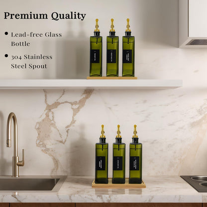 Olive Oil Dispenser Bottle for Kitchen with Bamboo Tray- 16.9oz Glass Oil and Vinegar Dispenser Set, Soy Sauce & Syrup Bottle, Modern Hostess Gift (Green, Set of 2)