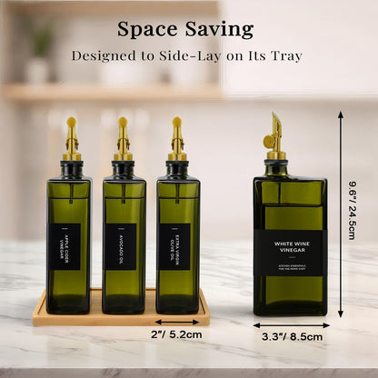 Olive Oil Dispenser Bottle for Kitchen with Bamboo Tray- 16.9oz Glass Oil and Vinegar Dispenser Set, Soy Sauce & Syrup Bottle, Modern Hostess Gift (Green, Set of 2)