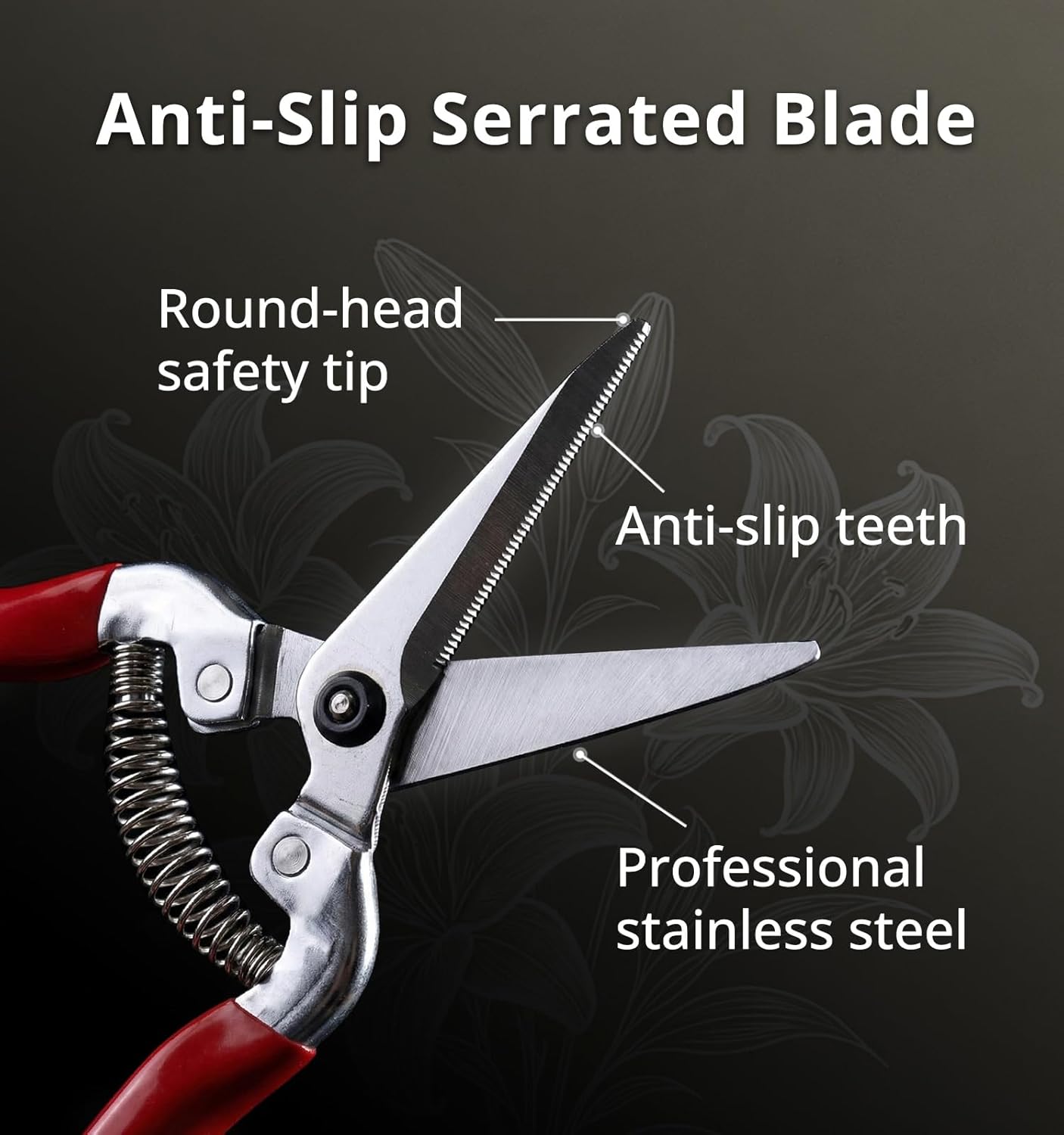 Stainless Steel Pruning Snips with Serrated Blade, Adjustable Joint Screw Micro-Tip Garden Scissors for Harvesting Herbs, Fruit, and Floral Arranging, Corrosion-Resistant & Made in Taiwan