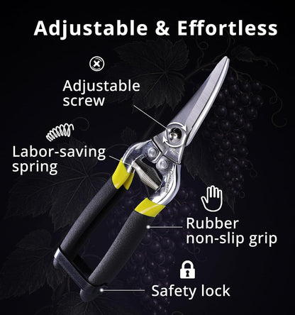 Stainless Steel Pruning Snips with Serrated Blade, Adjustable Joint Screw Micro-Tip Garden Scissors for Harvesting Herbs, Fruit, and Floral Arranging, Corrosion-Resistant & Made in Taiwan
