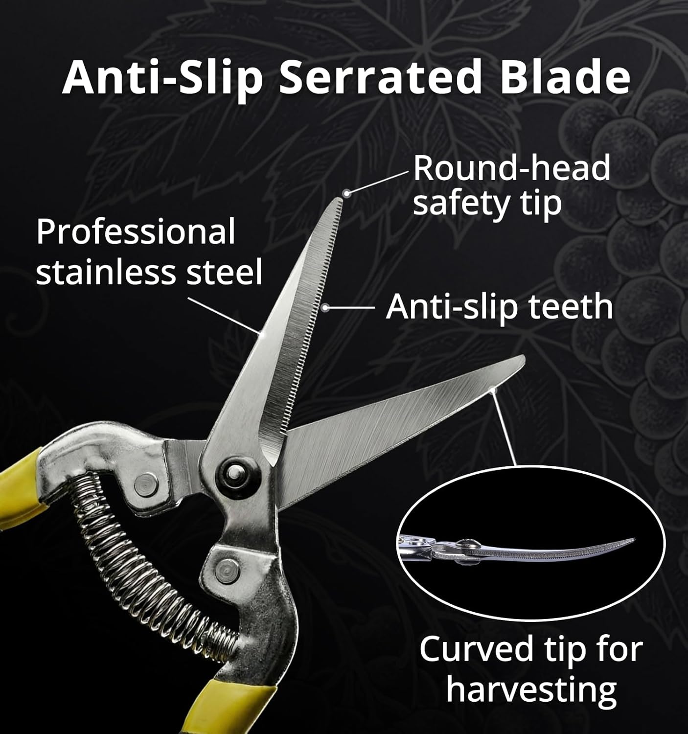 Stainless Steel Pruning Snips with Serrated Blade, Adjustable Joint Screw Micro-Tip Garden Scissors for Harvesting Herbs, Fruit, and Floral Arranging, Corrosion-Resistant & Made in Taiwan