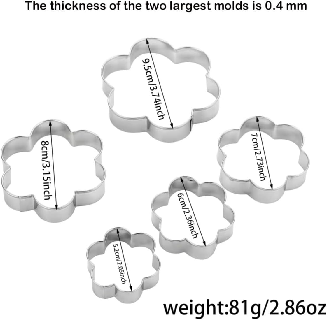 Flower Cookie Cutters Stainless Steel.,5-Pack–2.05"-3.74"