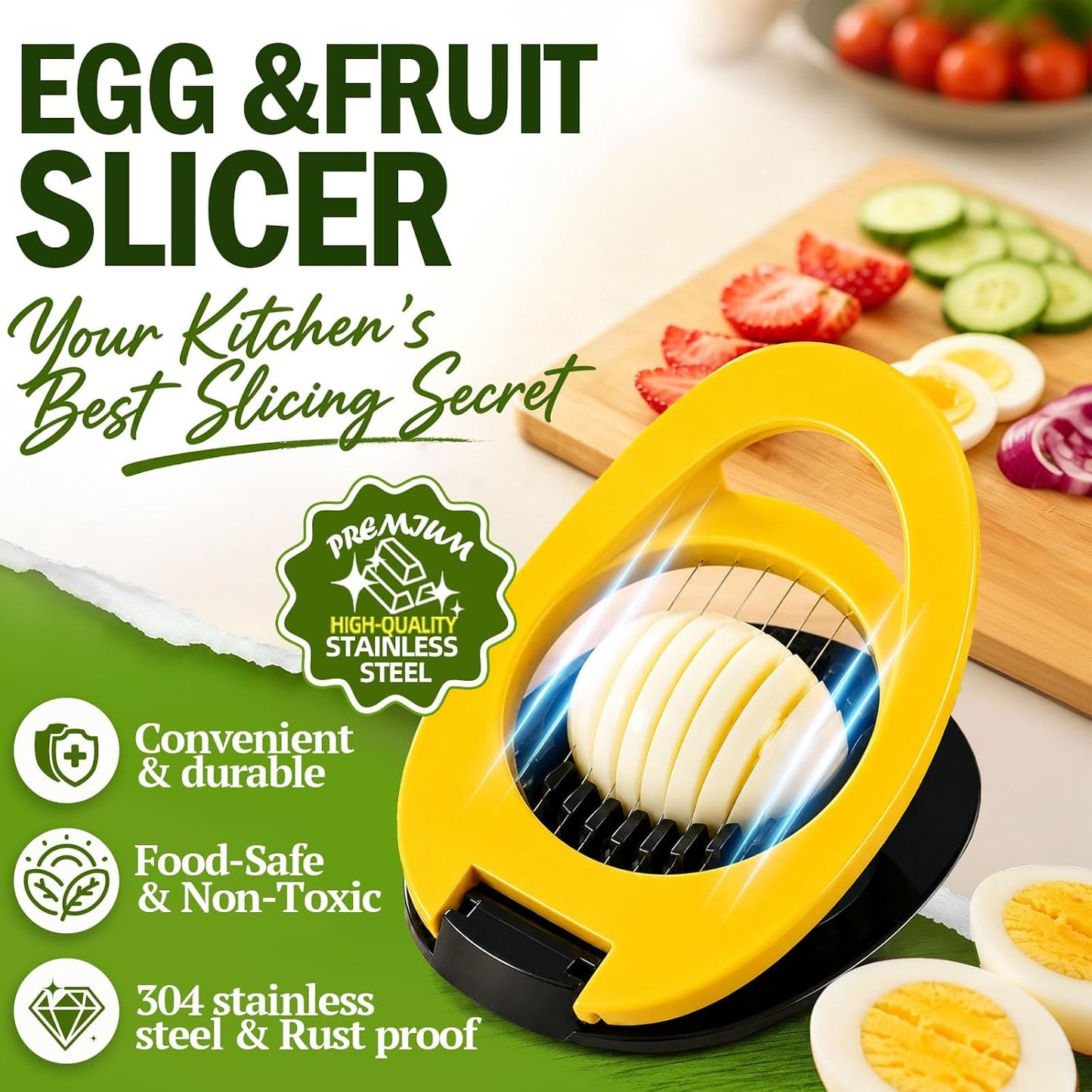 Egg Slicer, Stainless Steel Wire Egg Cutter | For Hard Boiled Eggs, Egg Salad Maker, For Avocado, Strawberry, Kiwi Fruit, Kitchen Gadget