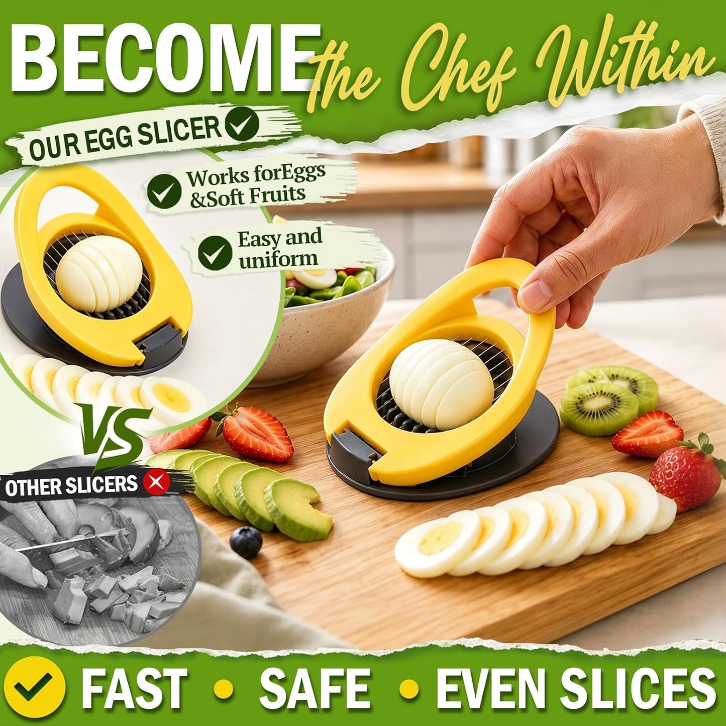 Egg Slicer, Stainless Steel Wire Egg Cutter | For Hard Boiled Eggs, Egg Salad Maker, For Avocado, Strawberry, Kiwi Fruit, Kitchen Gadget