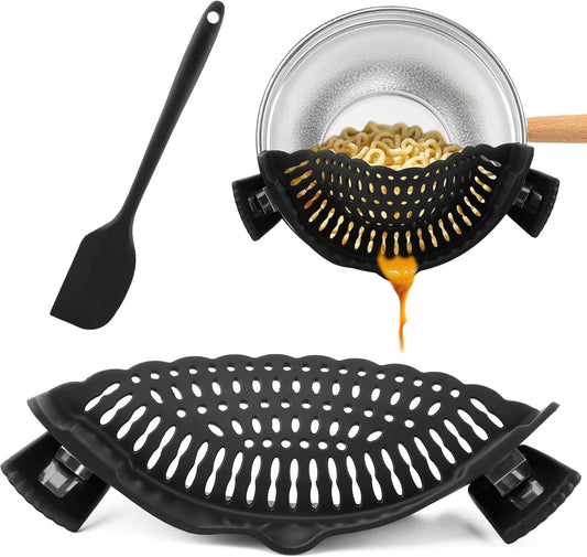 Clip on Strainer with Scraper,Silicone Strainer for Pots and Pans Adjustable Pasta Colander for Meat Vegetables Fruit Universal Fit For All Utensils(COLOR:black)