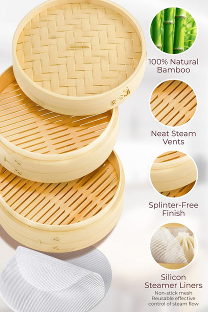 Bamboo Steamer Basket 10-Inch | 2-Tier Steamer for Cooking | 50 Liners, Chopsticks, Sauce Dish | Steaming Asian Food, Bao Buns, Chinese, Dim Sum, Dumpling, Rice, Vegetable Steam Pot