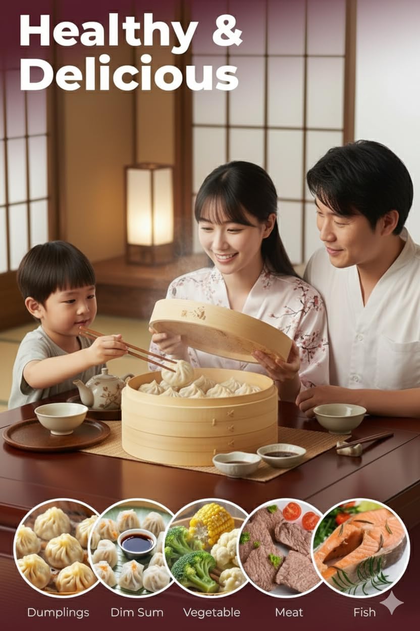 Bamboo Steamer Basket 10-Inch | 2-Tier Steamer for Cooking | 50 Liners, Chopsticks, Sauce Dish | Steaming Asian Food, Bao Buns, Chinese, Dim Sum, Dumpling, Rice, Vegetable Steam Pot