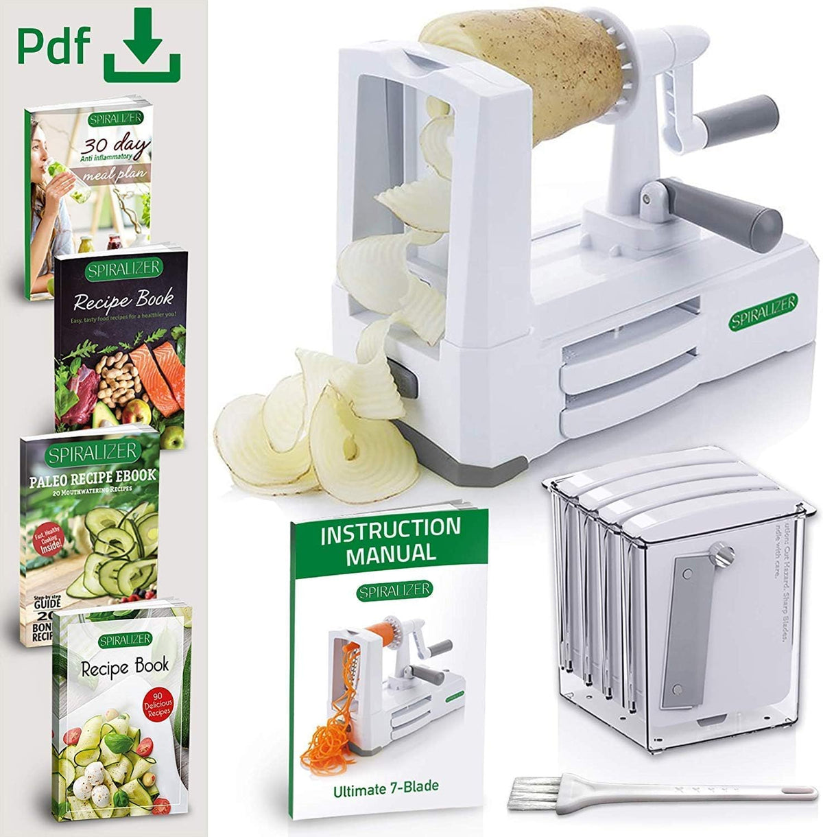7-Blade Vegetable Slicer, Strongest-and-Heaviest Spiral Slicer, Best Veggie Pasta Spaghetti Maker for Keto/Paleo/Non-Gluten, Comes with 4 Recipe Ebooks