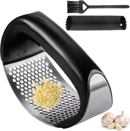 Garlic Press - Stainless Steel Rust Proof & Dishwasher Safe Garlic Twister Mincer, Durable Garlic Crusher Chopper with Peeler, Brush, Easy to Clean, Kitchen Gadgets Tool for Garlic, Ginger, Spices