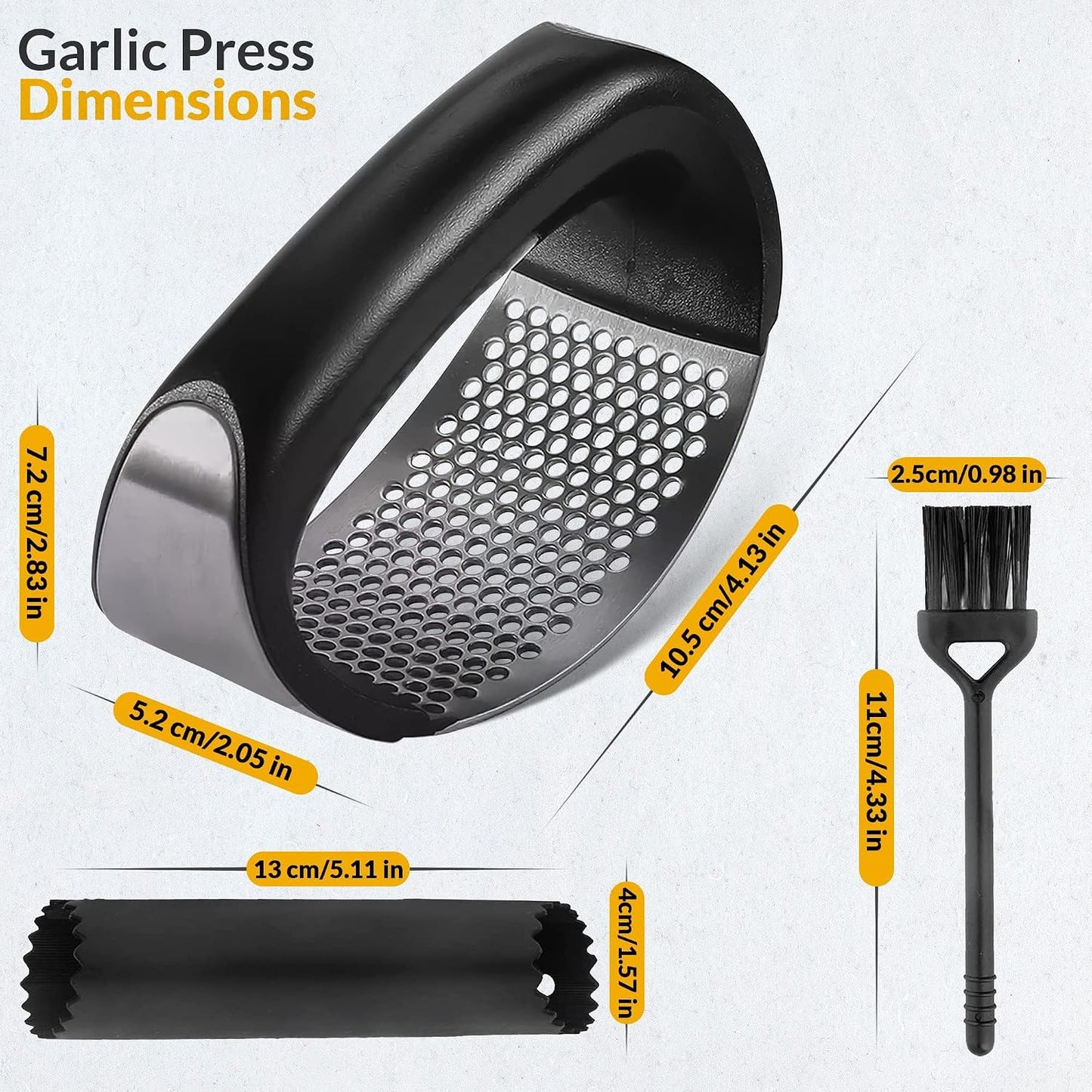 Garlic Press - Stainless Steel Rust Proof & Dishwasher Safe Garlic Twister Mincer, Durable Garlic Crusher Chopper with Peeler, Brush, Easy to Clean, Kitchen Gadgets Tool for Garlic, Ginger, Spices