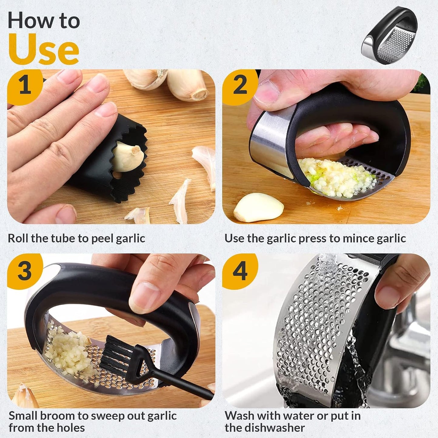 Garlic Press - Stainless Steel Rust Proof & Dishwasher Safe Garlic Twister Mincer, Durable Garlic Crusher Chopper with Peeler, Brush, Easy to Clean, Kitchen Gadgets Tool for Garlic, Ginger, Spices
