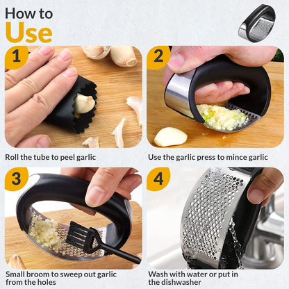 Garlic Press - Stainless Steel Rust Proof & Dishwasher Safe Garlic Twister Mincer, Durable Garlic Crusher Chopper with Peeler, Brush, Easy to Clean, Kitchen Gadgets Tool for Garlic, Ginger, Spices