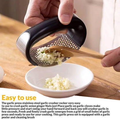 Garlic Press - Stainless Steel Rust Proof & Dishwasher Safe Garlic Twister Mincer, Durable Garlic Crusher Chopper with Peeler, Brush, Easy to Clean, Kitchen Gadgets Tool for Garlic, Ginger, Spices