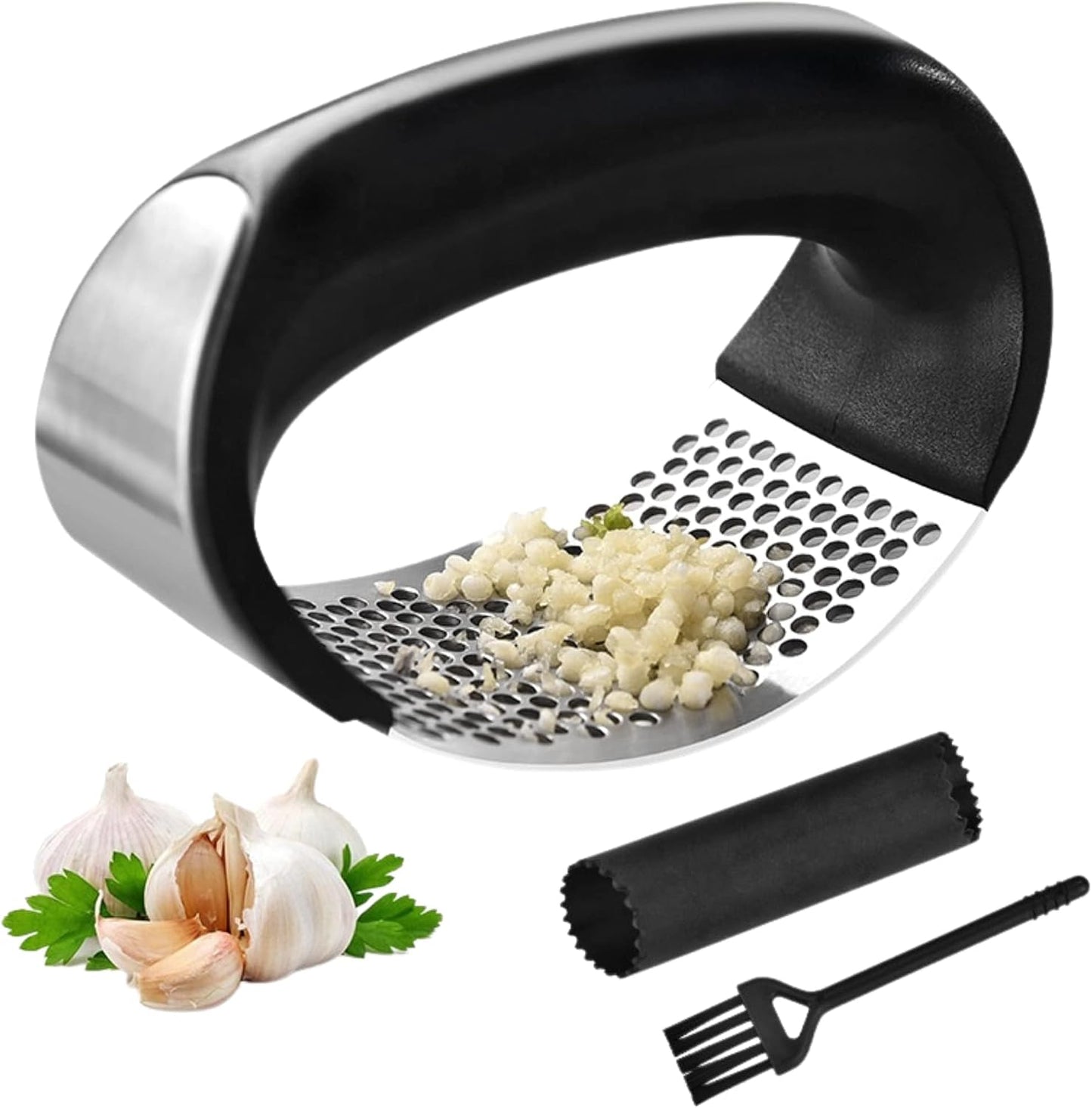 Garlic Press - Stainless Steel Rust Proof & Dishwasher Safe Garlic Twister Mincer, Durable Garlic Crusher Chopper with Peeler, Brush, Easy to Clean, Kitchen Gadgets Tool for Garlic, Ginger, Spices