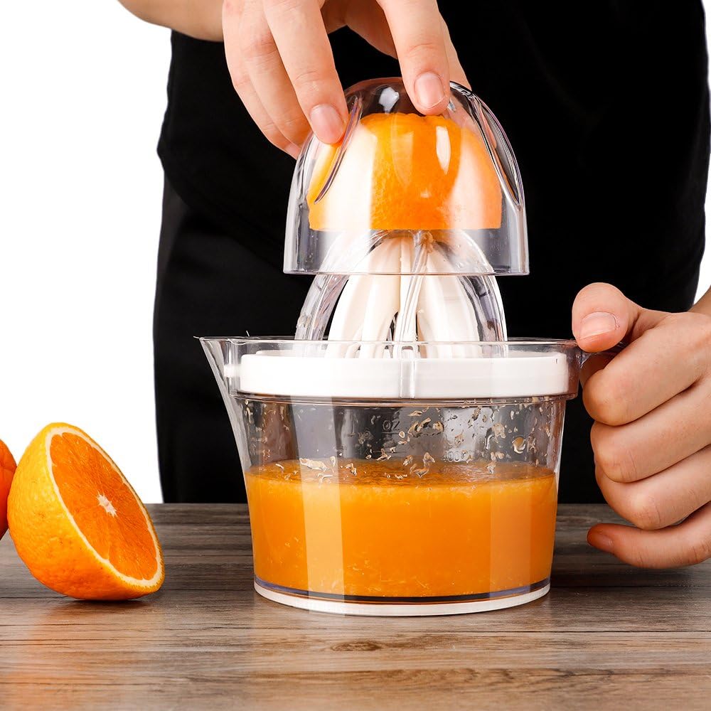 Citrus Juicer, Orange Lemon Manual Hand Squeezer, Anti-Slip Lid Rotation Reamer Lime Press, 17-Ounce Capacity, Clear