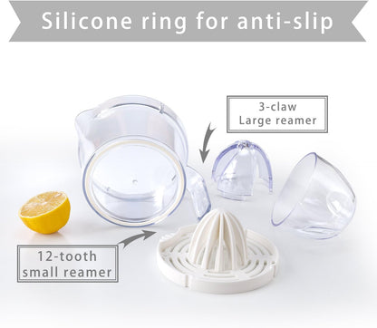 Citrus Juicer, Orange Lemon Manual Hand Squeezer, Anti-Slip Lid Rotation Reamer Lime Press, 17-Ounce Capacity, Clear