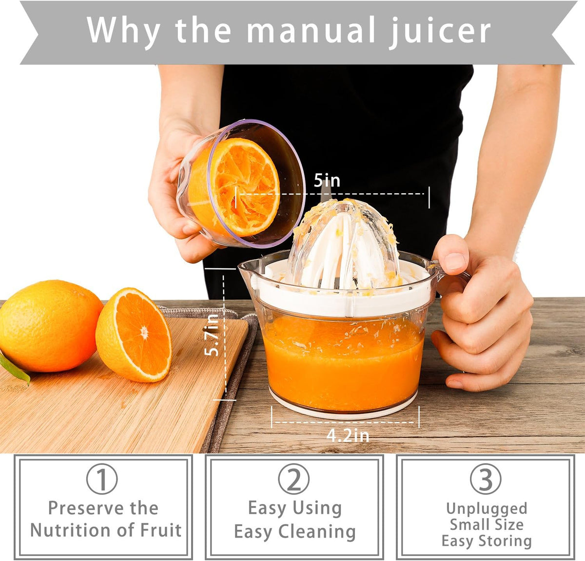 Citrus Juicer, Orange Lemon Manual Hand Squeezer, Anti-Slip Lid Rotation Reamer Lime Press, 17-Ounce Capacity, Clear