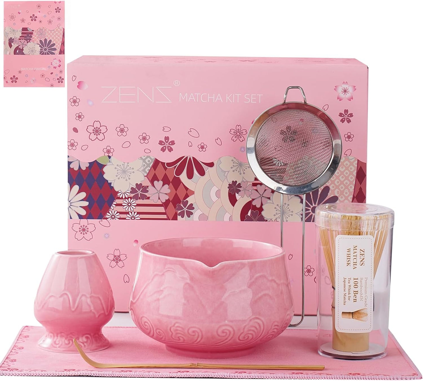 ZENS Matcha Whisk Set, 6pcs Matcha Set Pink Includes 15oz Ceramic Bowl and Bamboo Whisk (Chasen Holder) Scoop, 304 Sifter & Pink Tea Mat, Japanesse Matcha Kit for Matcha Latte-Making