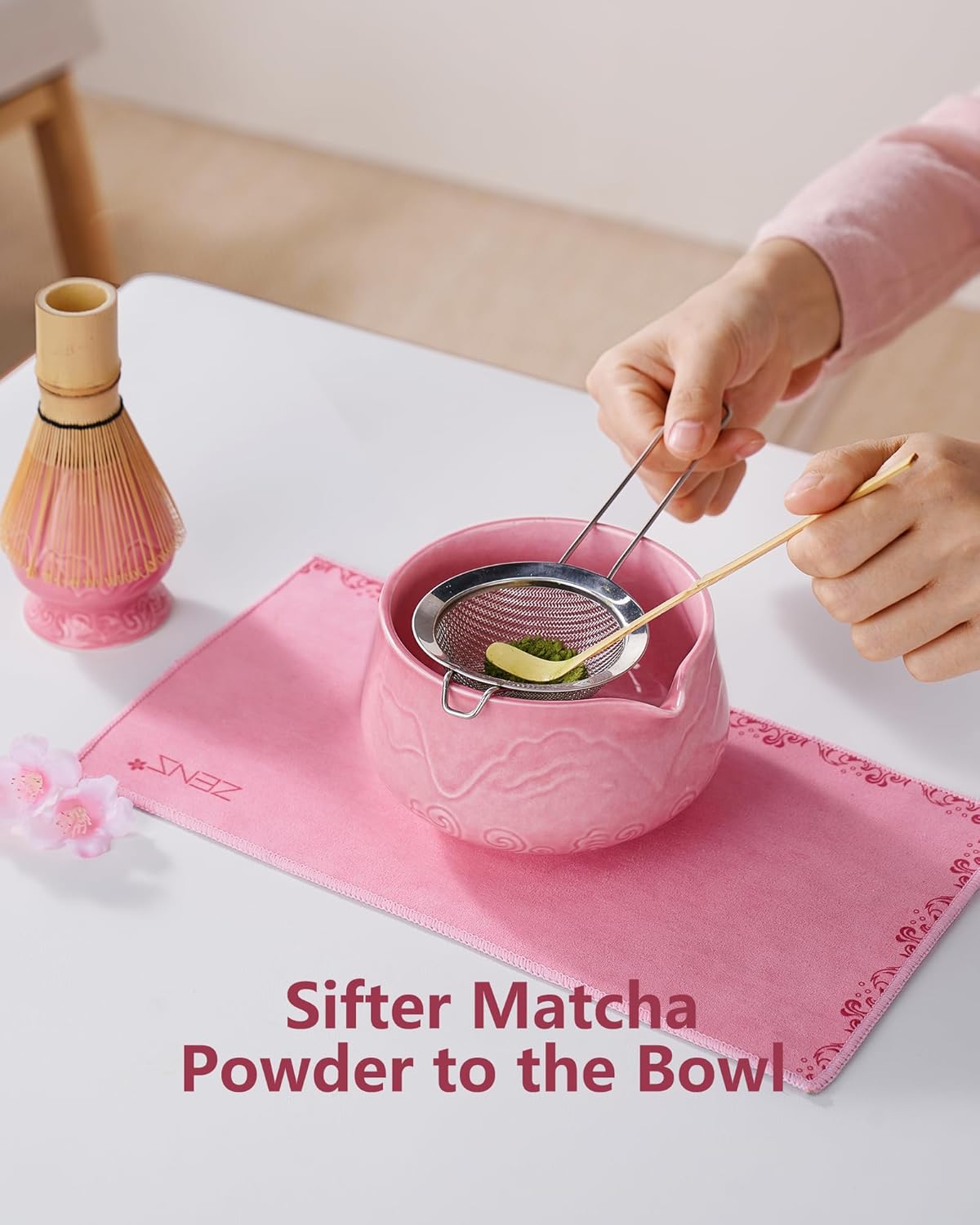 ZENS Matcha Whisk Set, 6pcs Matcha Set Pink Includes 15oz Ceramic Bowl and Bamboo Whisk (Chasen Holder) Scoop, 304 Sifter & Pink Tea Mat, Japanesse Matcha Kit for Matcha Latte-Making