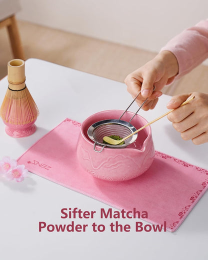 ZENS Matcha Whisk Set, 6pcs Matcha Set Pink Includes 15oz Ceramic Bowl and Bamboo Whisk (Chasen Holder) Scoop, 304 Sifter & Pink Tea Mat, Japanesse Matcha Kit for Matcha Latte-Making