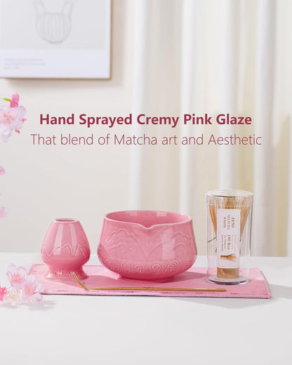 ZENS Matcha Whisk Set, 6pcs Matcha Set Pink Includes 15oz Ceramic Bowl and Bamboo Whisk (Chasen Holder) Scoop, 304 Sifter & Pink Tea Mat, Japanesse Matcha Kit for Matcha Latte-Making