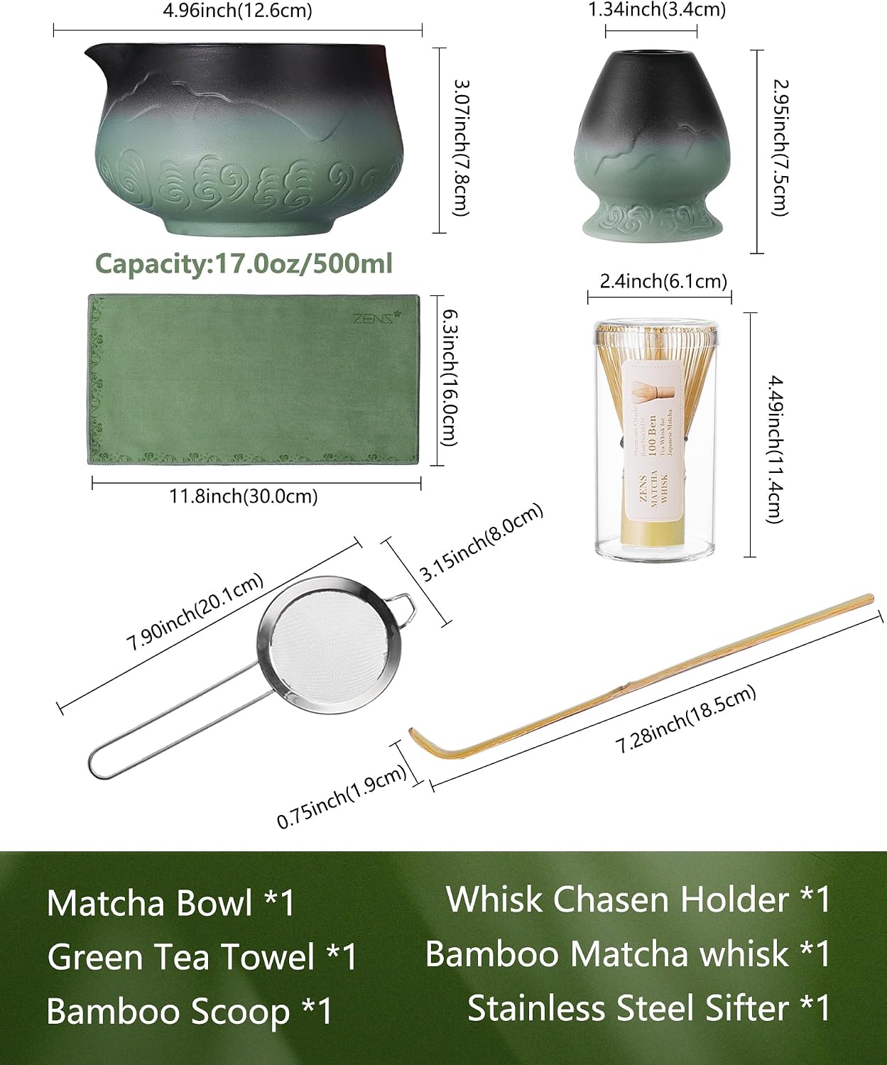 ZENS Matcha Whisk Set, 6pcs Matcha Set Pink Includes 15oz Ceramic Bowl and Bamboo Whisk (Chasen Holder) Scoop, 304 Sifter & Pink Tea Mat, Japanesse Matcha Kit for Matcha Latte-Making