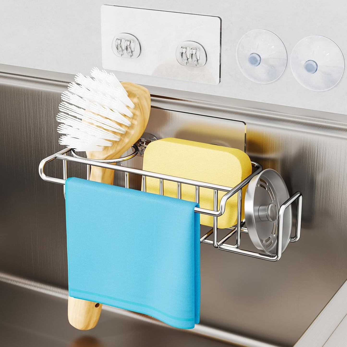 4 in 1 Sink Caddy Sponge Holder, SUS304 Stainless Steel Kitchen Brush Holder and Dish Cloth Hanger, Kitchen Organizers and Storage Essentials - Silver
