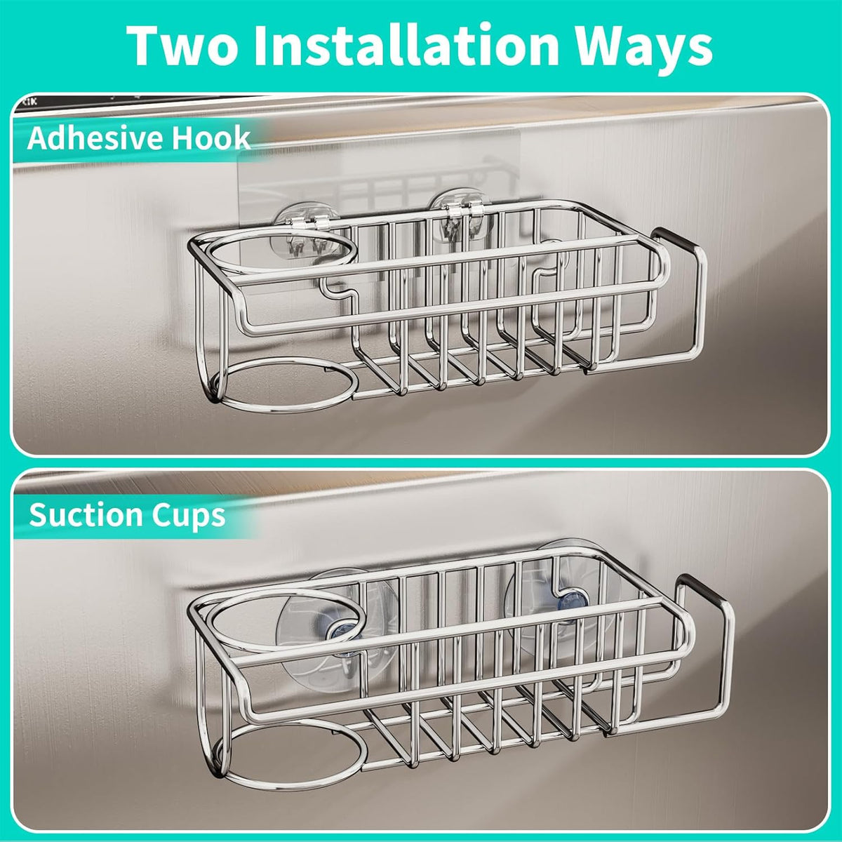 4 in 1 Sink Caddy Sponge Holder, SUS304 Stainless Steel Kitchen Brush Holder and Dish Cloth Hanger, Kitchen Organizers and Storage Essentials - Silver