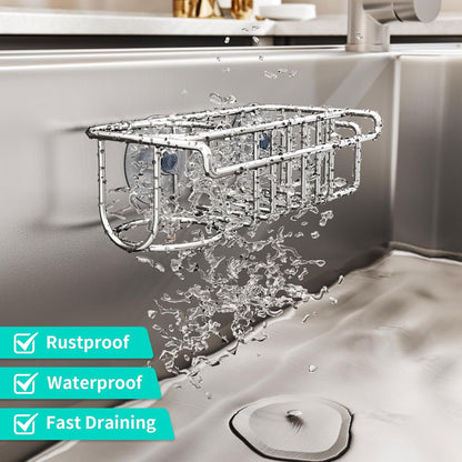 4 in 1 Sink Caddy Sponge Holder, SUS304 Stainless Steel Kitchen Brush Holder and Dish Cloth Hanger, Kitchen Organizers and Storage Essentials - Silver
