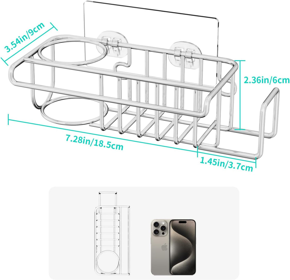 4 in 1 Sink Caddy Sponge Holder, SUS304 Stainless Steel Kitchen Brush Holder and Dish Cloth Hanger, Kitchen Organizers and Storage Essentials - Silver