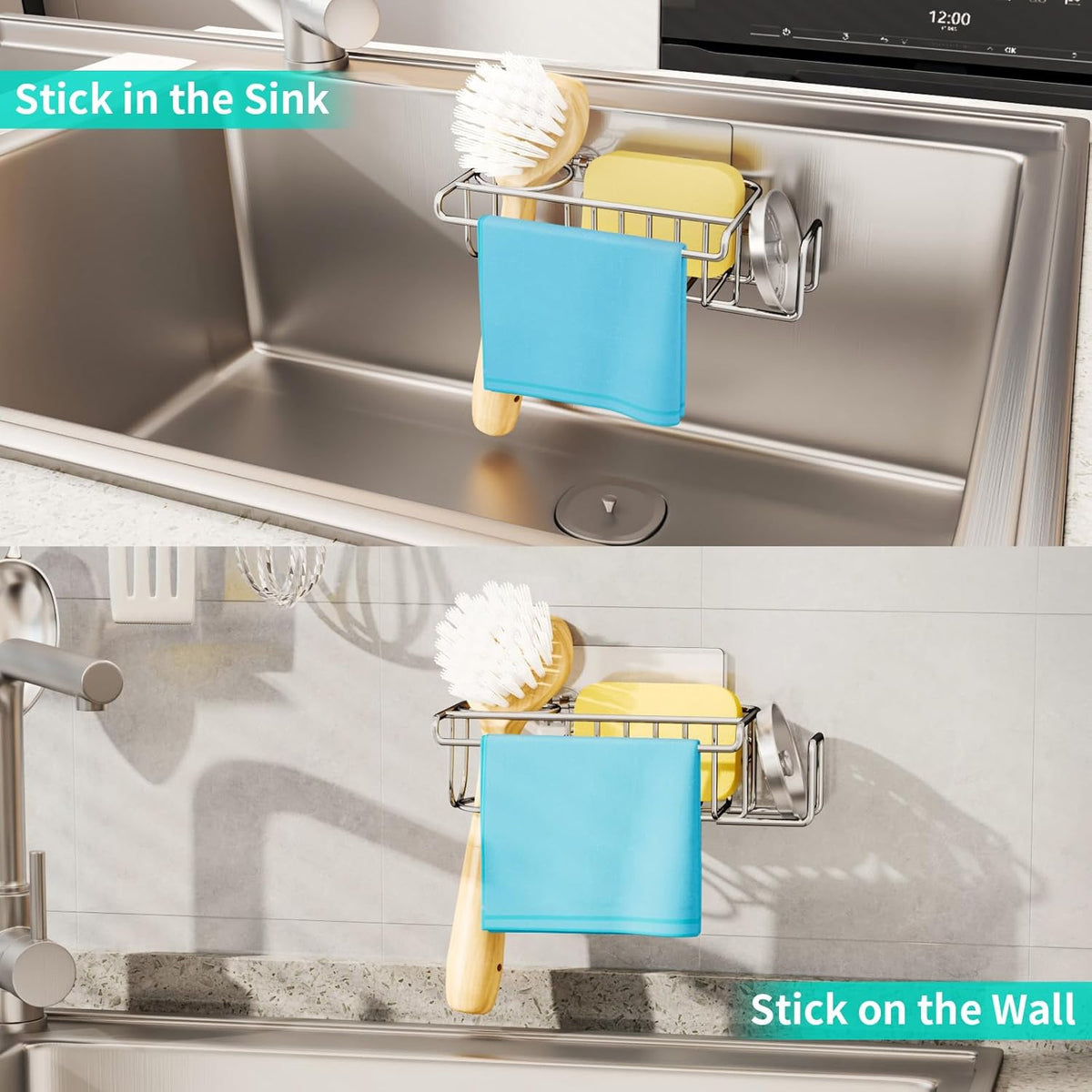 4 in 1 Sink Caddy Sponge Holder, SUS304 Stainless Steel Kitchen Brush Holder and Dish Cloth Hanger, Kitchen Organizers and Storage Essentials - Silver