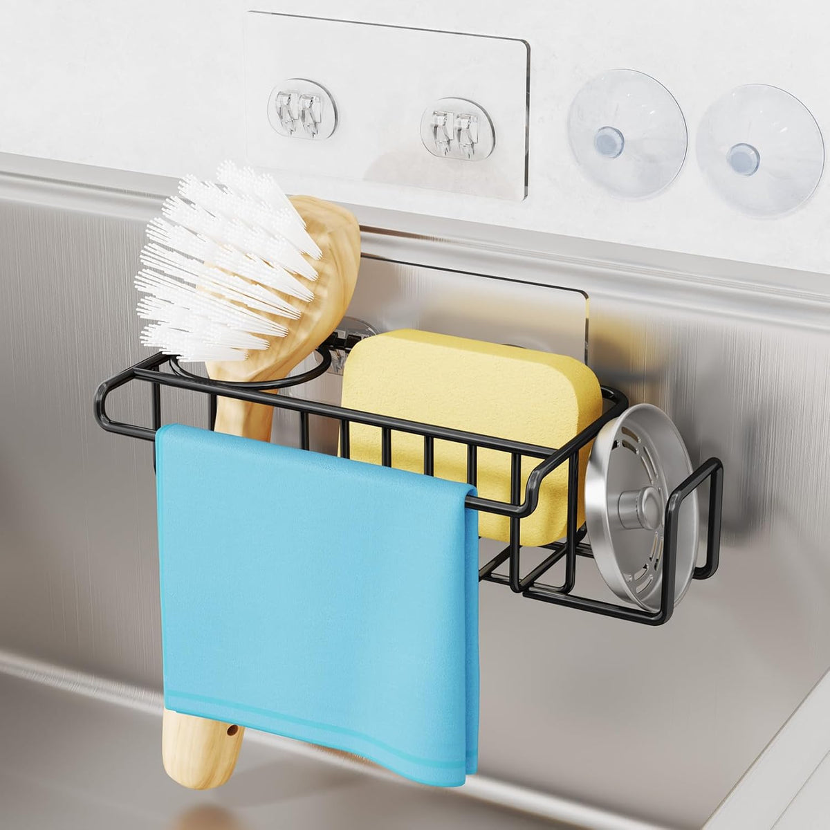 4 in 1 Sink Caddy Sponge Holder, SUS304 Stainless Steel Kitchen Brush Holder and Dish Cloth Hanger, Kitchen Organizers and Storage Essentials - Silver