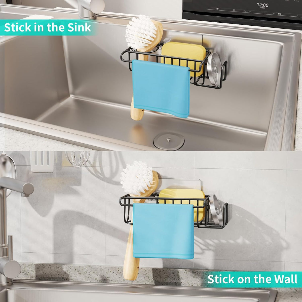 4 in 1 Sink Caddy Sponge Holder, SUS304 Stainless Steel Kitchen Brush Holder and Dish Cloth Hanger, Kitchen Organizers and Storage Essentials - Silver