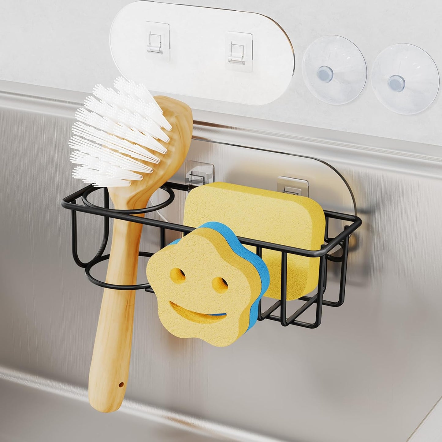 4 in 1 Sink Caddy Sponge Holder, SUS304 Stainless Steel Kitchen Brush Holder and Dish Cloth Hanger, Kitchen Organizers and Storage Essentials - Silver
