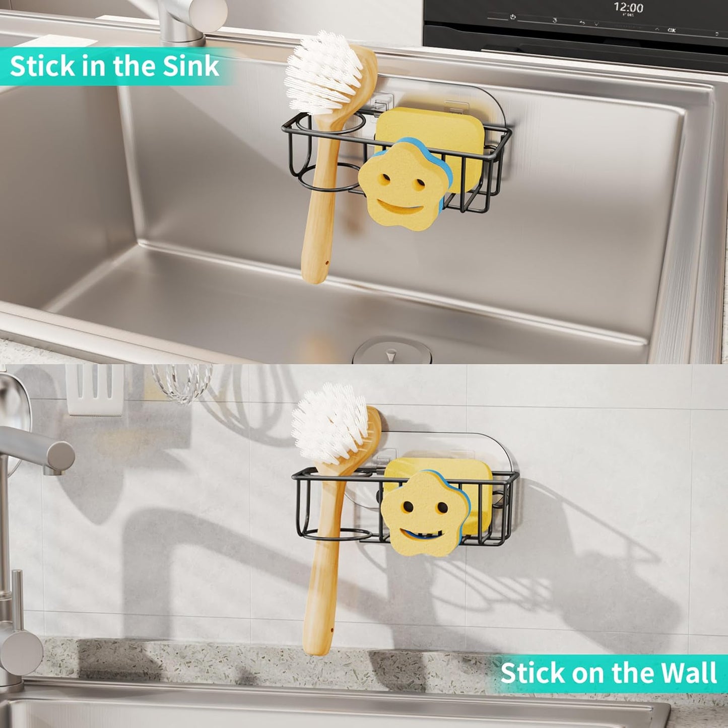 4 in 1 Sink Caddy Sponge Holder, SUS304 Stainless Steel Kitchen Brush Holder and Dish Cloth Hanger, Kitchen Organizers and Storage Essentials - Silver
