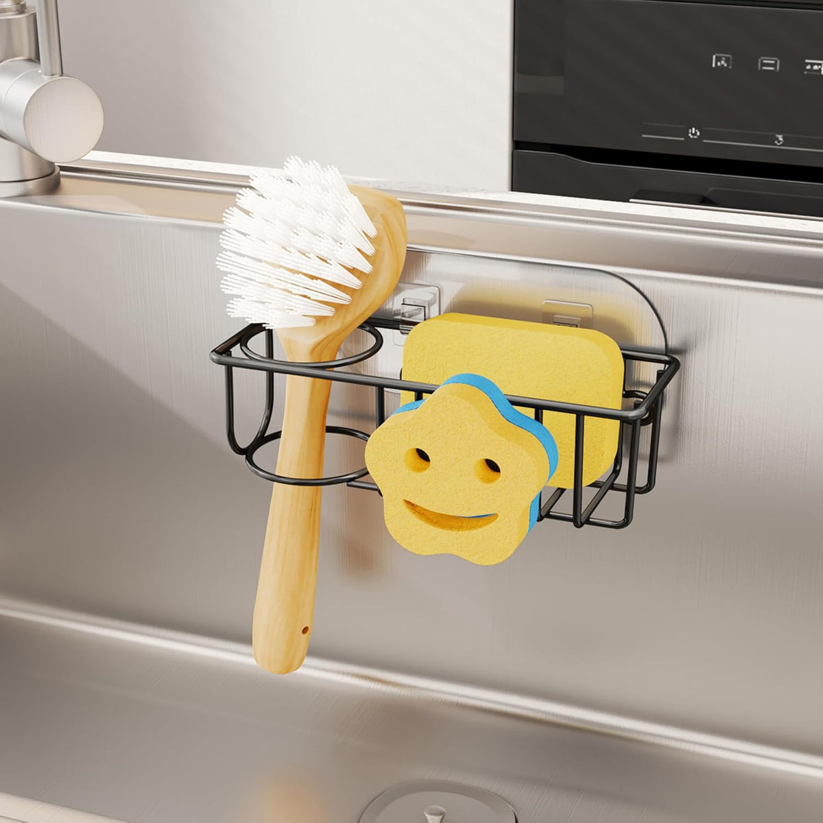 4 in 1 Sink Caddy Sponge Holder, SUS304 Stainless Steel Kitchen Brush Holder and Dish Cloth Hanger, Kitchen Organizers and Storage Essentials - Silver