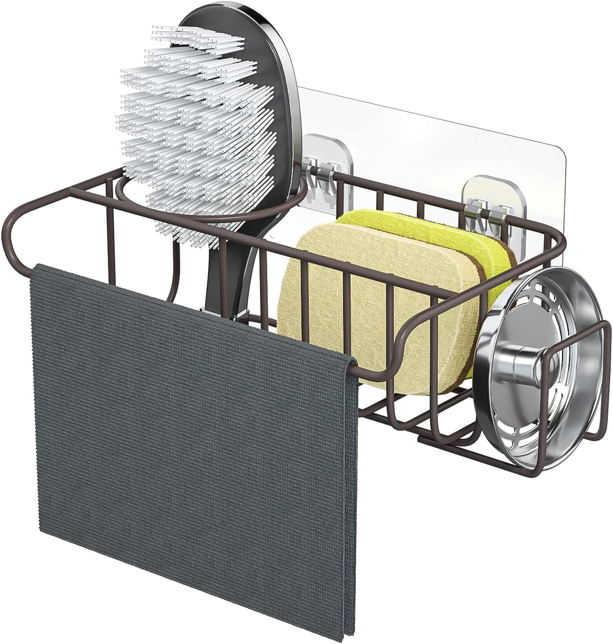 4 in 1 Sink Caddy Sponge Holder, SUS304 Stainless Steel Kitchen Brush Holder and Dish Cloth Hanger, Kitchen Organizers and Storage Essentials - Silver