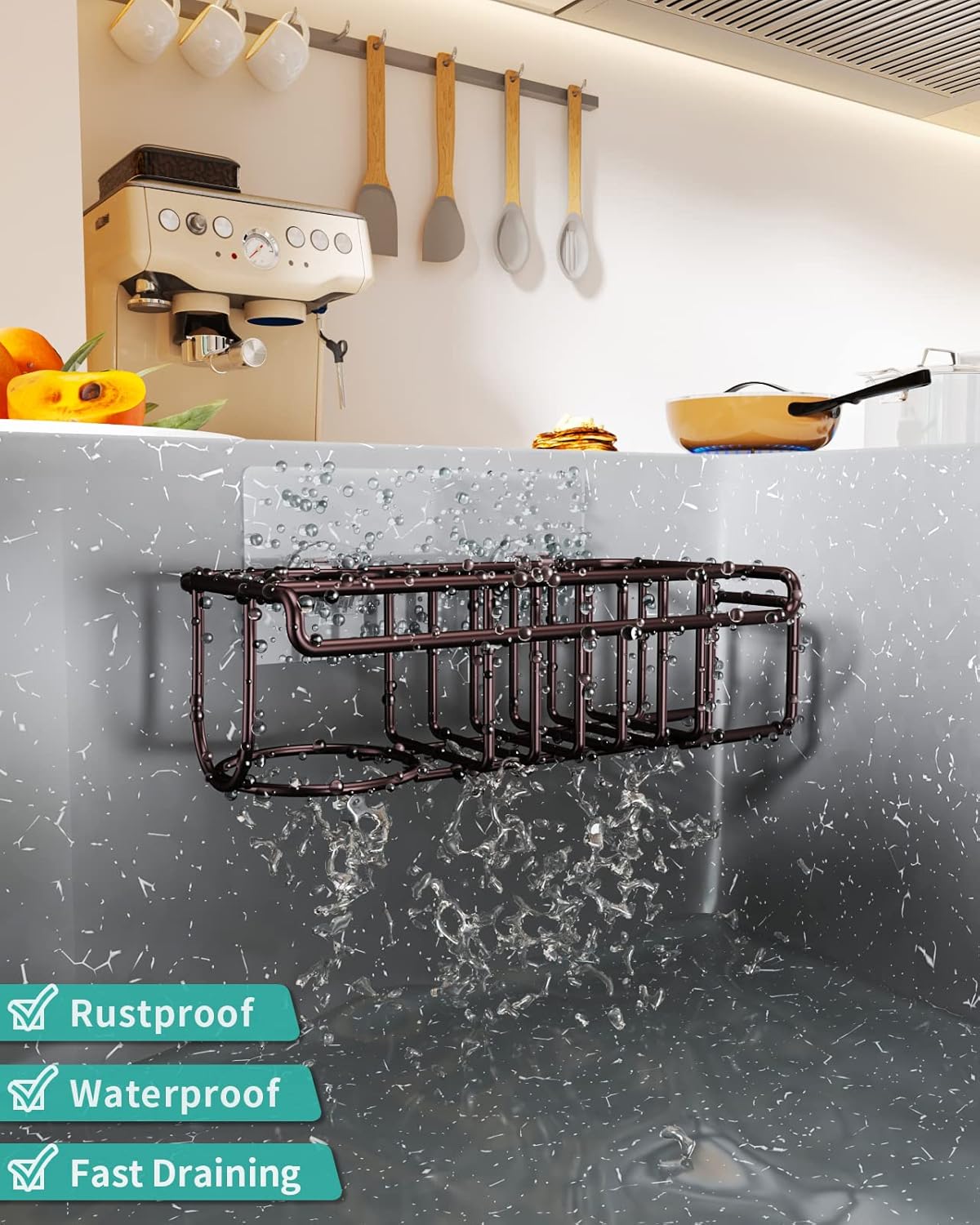 4 in 1 Sink Caddy Sponge Holder, SUS304 Stainless Steel Kitchen Brush Holder and Dish Cloth Hanger, Kitchen Organizers and Storage Essentials - Silver