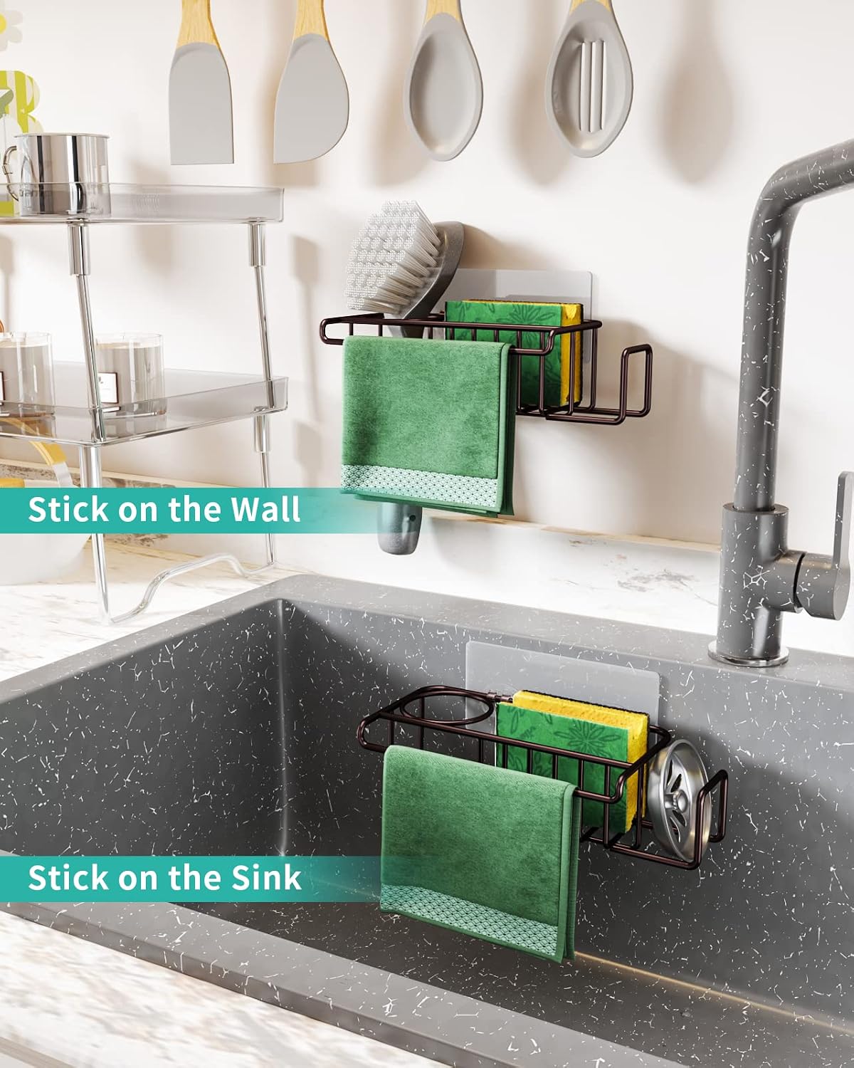 4 in 1 Sink Caddy Sponge Holder, SUS304 Stainless Steel Kitchen Brush Holder and Dish Cloth Hanger, Kitchen Organizers and Storage Essentials - Silver