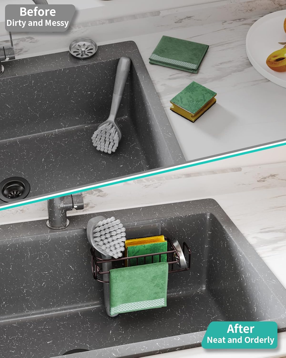 4 in 1 Sink Caddy Sponge Holder, SUS304 Stainless Steel Kitchen Brush Holder and Dish Cloth Hanger, Kitchen Organizers and Storage Essentials - Silver