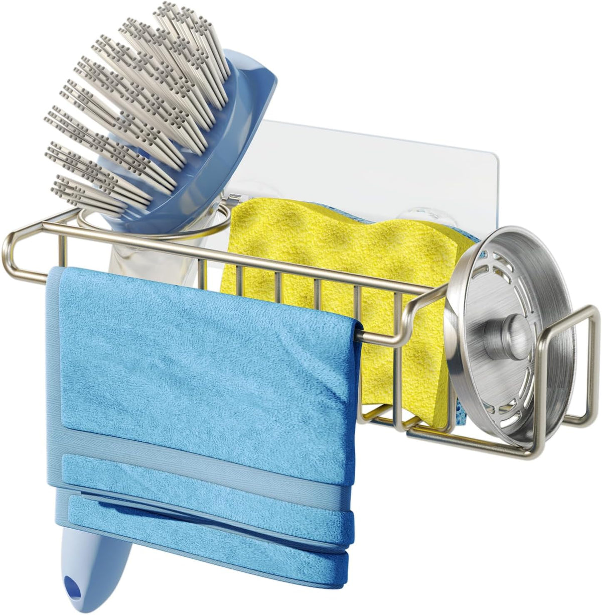 4 in 1 Sink Caddy Sponge Holder, SUS304 Stainless Steel Kitchen Brush Holder and Dish Cloth Hanger, Kitchen Organizers and Storage Essentials - Silver