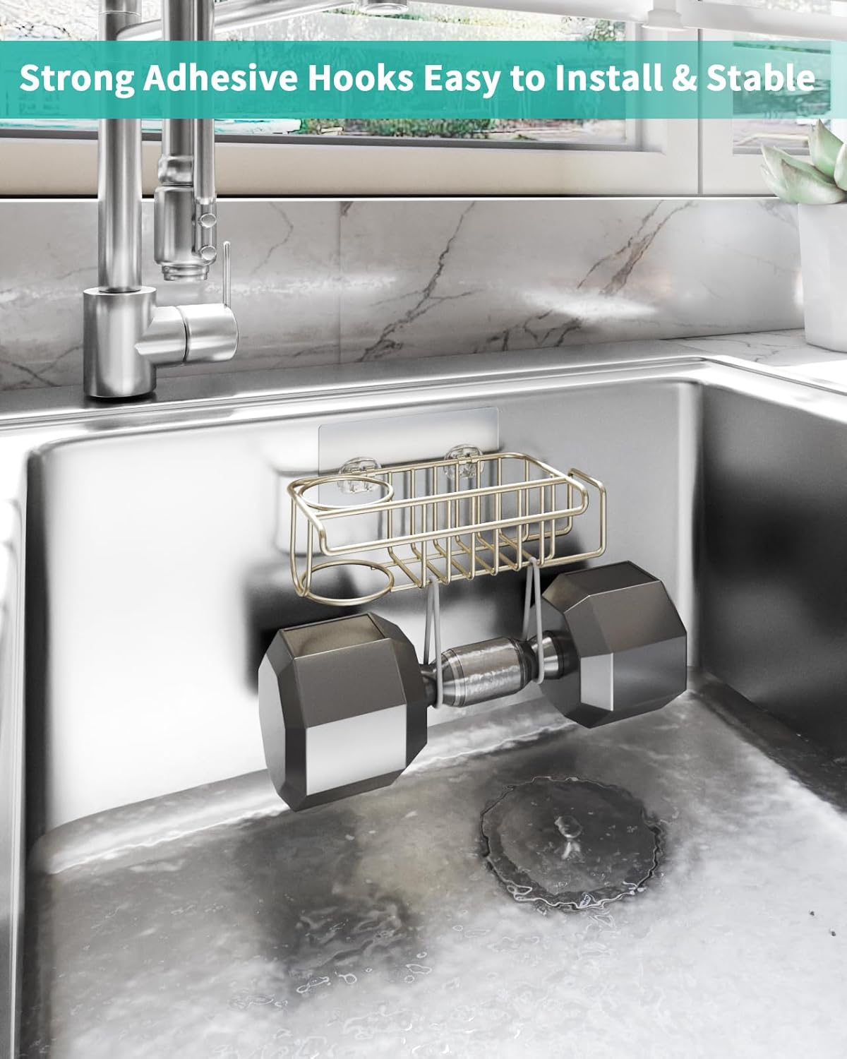 4 in 1 Sink Caddy Sponge Holder, SUS304 Stainless Steel Kitchen Brush Holder and Dish Cloth Hanger, Kitchen Organizers and Storage Essentials - Silver