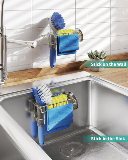 4 in 1 Sink Caddy Sponge Holder, SUS304 Stainless Steel Kitchen Brush Holder and Dish Cloth Hanger, Kitchen Organizers and Storage Essentials - Silver