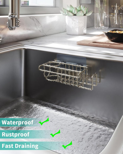 4 in 1 Sink Caddy Sponge Holder, SUS304 Stainless Steel Kitchen Brush Holder and Dish Cloth Hanger, Kitchen Organizers and Storage Essentials - Silver