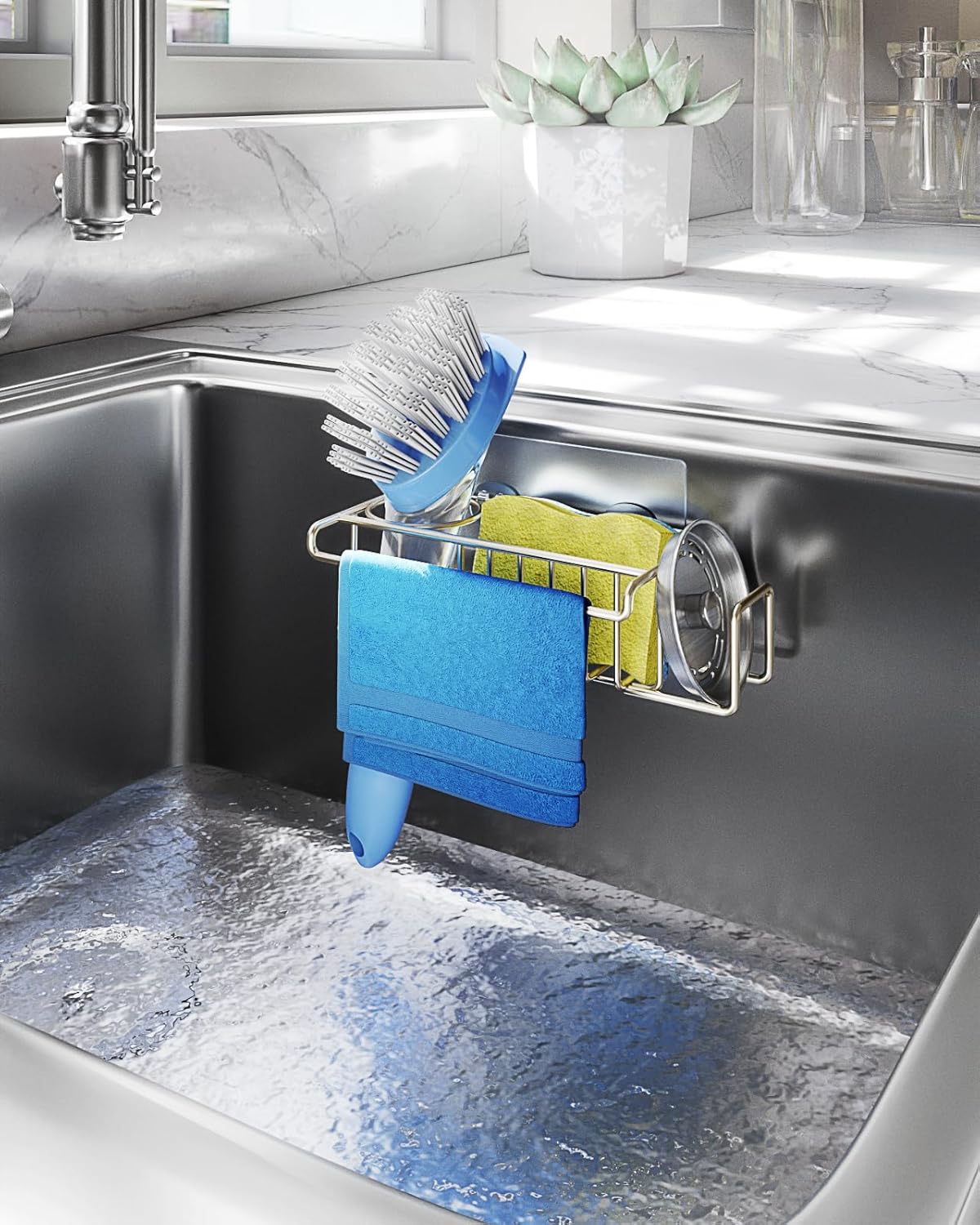 4 in 1 Sink Caddy Sponge Holder, SUS304 Stainless Steel Kitchen Brush Holder and Dish Cloth Hanger, Kitchen Organizers and Storage Essentials - Silver